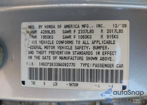 2009 Honda Accord 2.4 Lx z USA, uszkodzony, nr VIN 1HGCP26339A092770